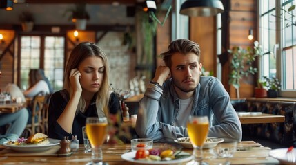 Young guy feeling bored on dull date at restaurant, disappointed in his partner. Millennial couple...