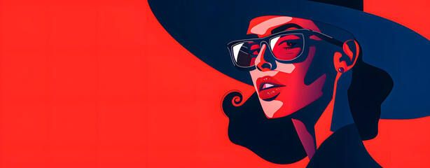 Woman wearing a hat. Minimalist drawing. Red background