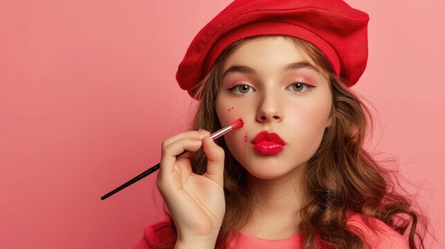Portrait of young girl in red beret painting her lips with bright lipstick on pink background
