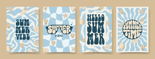 Retro summer groovy posters. Vector flyers with vintage funky print, liquid patterns, seashells and starfihes. Summer vibes. Summer time. Posters for party, celebration, ad, branding, cover, sale.