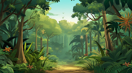 A vector image of a tropical rainforest scene.