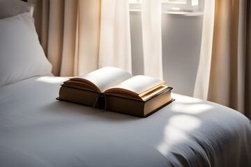 a book placed on a bed - obrazy, fototapety, plakaty