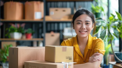 Portrait young attractive asia female owner startup business look at camera work happy with box at home prepare parcel delivery in sme supply chain, procurement, omnichannel commerce online concept.