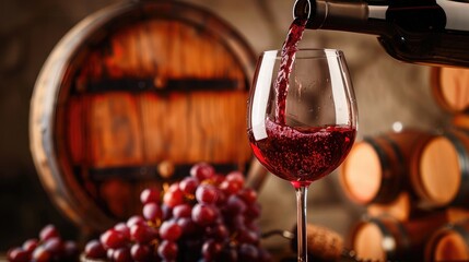 Pouring red wine into the glass against rustic background. Pour alcohol, winery concept