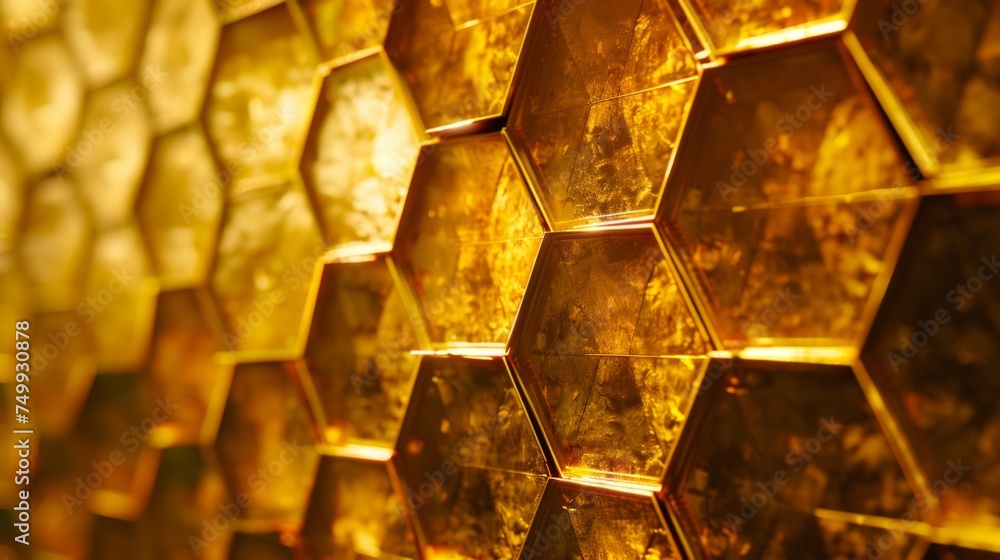 Poster close-up of a hexagonal golden pattern with a focus on geometric shapes and reflective golden surfac
