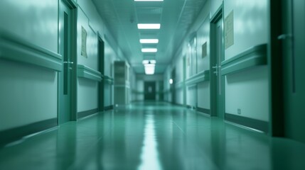 Fototapeta premium An empty, green-toned hospital corridor with a contemporary design, reflecting cleanliness and order.