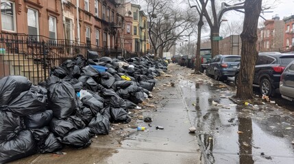 Piles of black garbage bags line a residential street, reflecting urban waste management issues on a cloudy day.