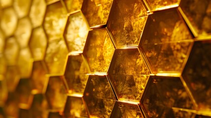 Close-up of a hexagonal golden pattern with a focus on geometric shapes and reflective golden surfaces.