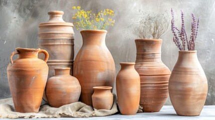 Fototapeta na wymiar Collection of traditional terracotta pottery vases with dried flowers on a textured backdrop.
