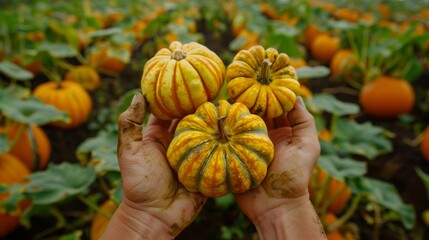 Hands holding vibrant striped pumpkins in a lush pumpkin patch.