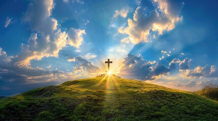 This dramatic Easter Morning Sunrise panorama with blue sky, bright clouds, sunbeams, and large cross on a grass covered hill makes a great banner cover for print or web. - obrazy, fototapety, plakaty