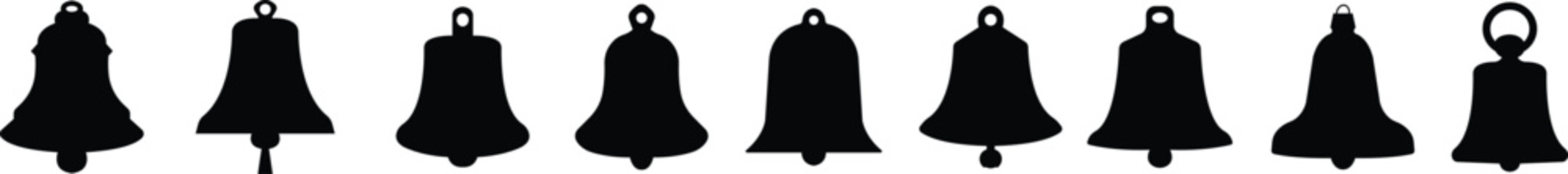 Bell silhouette flat icon set. Incoming inbox message ringing, notification for clock and smartphone, alarm alert black color vector collection isolated on transparent background.