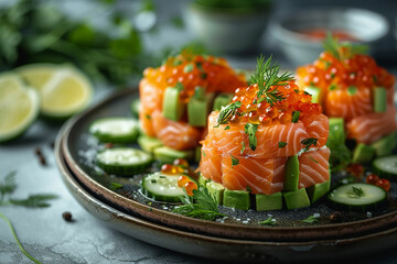 Fresh tartar with salmon, avocado, cucumber and red caviar on white plate, close up