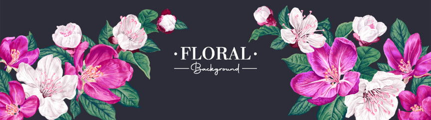 Horizontal banner on dark background with pink and white apple blossoms. Spring botanical design for banners in social networks, advertising, packaging design of cosmetics, spa, perfume.