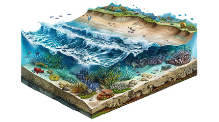 Isometric blue ocean with waves, surfing background. deep sea view with ocean surface and under water view. 