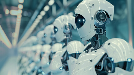 Fototapeta premium Mechanized industry robot and robotic arms for assembly in factory production. Concept of artificial intelligence for industrial revolution and automation manufacturing process