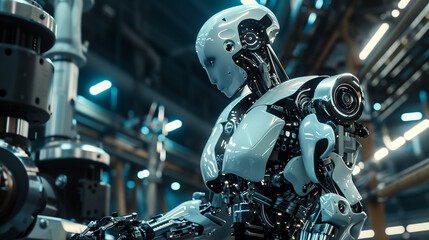 Fototapeta premium Mechanized industry robot and robotic arms for assembly in factory production. Concept of artificial intelligence for industrial revolution and automation manufacturing process