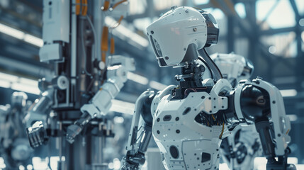 Fototapeta premium Mechanized industry robot and robotic arms for assembly in factory production. Concept of artificial intelligence for industrial revolution and automation manufacturing process
