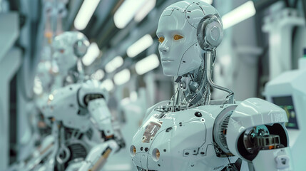 Fototapeta premium Mechanized industry robot and robotic arms for assembly in factory production. Concept of artificial intelligence for industrial revolution and automation manufacturing process