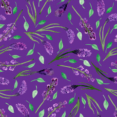 Fototapeta na wymiar Watercolour leaves and purple flowers, purple background. Seamless floral pattern-311.