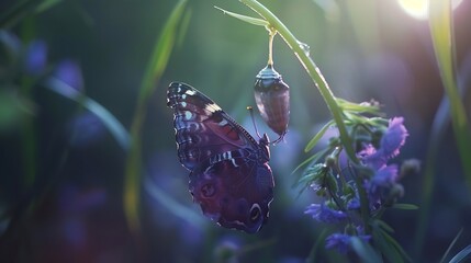 Showcase the delicate beauty of a butterfly emerging from its chrysalis - obrazy, fototapety, plakaty