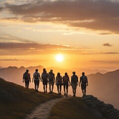 "A diverse group enjoying a scenic hike, their silhouettes against a sunset backdrop capturing the shared adventure and bonds formed on the winding trails."