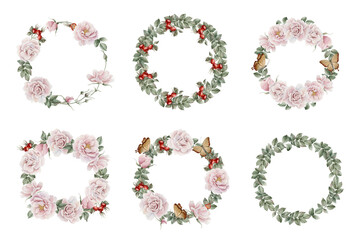 Set of wreaths with rose hip pink flowers, buds, leaves, red berries and brown butterflies. watercolor illustration