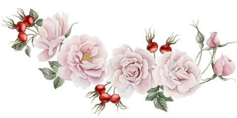 Horizontal seamless border of pink rose hip flowers, buds, leaves and berries. Victorian style rose. Floral watercolor illustration hand painted isolated on white background. 