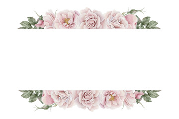 Horizontal frame of pink rose hip flowers with leaves, Victorian style. Floral watercolor illustration - obrazy, fototapety, plakaty
