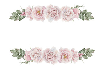 Horizontal frame of pink rose hip flowers with leaves, Victorian style. Floral watercolor illustration