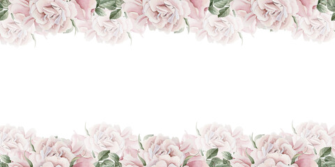 Horizontal seamless border of pink rose hip flowers with leaves. Victorian style. Floral watercolor illustration