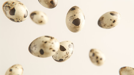 Obraz premium Spotted Quail Eggs Floating on Neutral Background