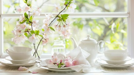Obraz na płótnie Canvas A serene springtime tea setting with blossoming flowers and white tableware.