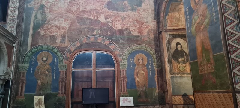 Ukrainian famous church of XII century. Cyril medieval church - today a museum. Scenic light in the dark. Heritage ancient and modern fresque on the walls.
