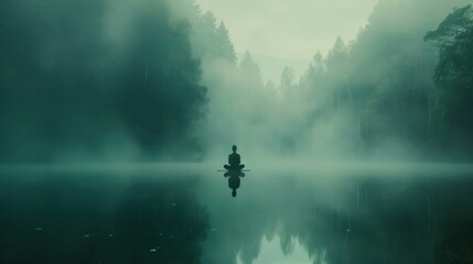 A person in meditation by a calm lake in a serene, foggy forest, evoking peace and tranquility.