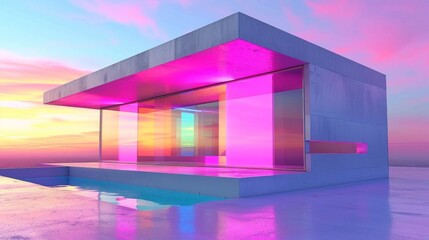 Contemporary architecture featuring a modern structure with pink and blue hues at sunset.