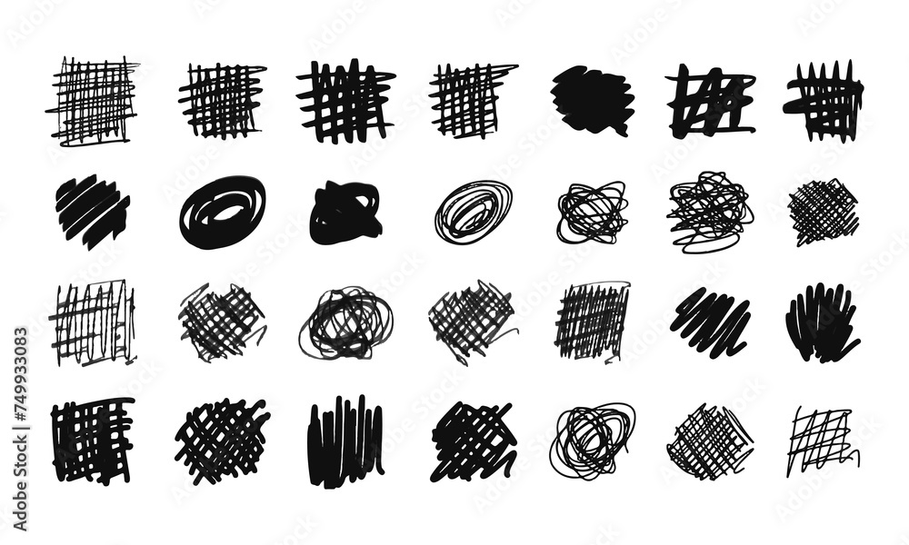 Poster square and circle strikethroughs and doodles. a collection of twenty-eight randomly drawn squiggles 