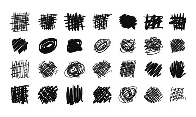 Square and circle strikethroughs and doodles. A collection of twenty-eight randomly drawn squiggles and doodles. Vector set of handwritten symbols and signs