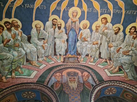 Ukrainian famous church of XII century. Cyril medieval church - today a museum. Scenic light in the dark. Heritage ancient and modern fresque on the walls.