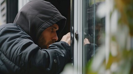 A suspicious figure in a hood looking through a window, portraying a security and privacy concept, ideal for safety campaigns and awareness materials - obrazy, fototapety, plakaty