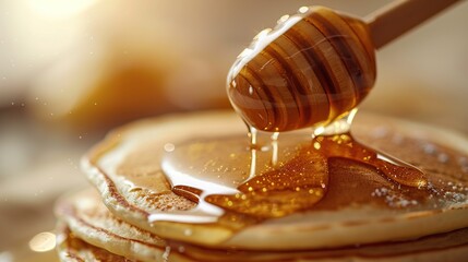 Close-up of golden honey dripping from a wooden honey dipper onto a stack of pancakes, conveying a homemade gourmet breakfast concept, suitable for food blogs and culinary guides - obrazy, fototapety, plakaty