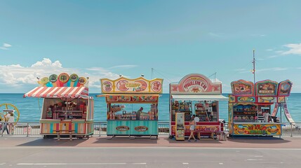 Seaside carnival with rides, games, and cotton candy stands, with copy space