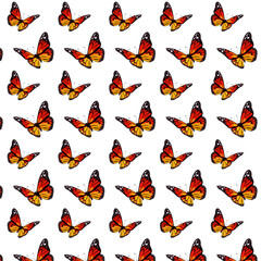 Seamless pattern packaging and wrapping paper. Brightly colored monarch butterfly with yellow and red spots on a white background. Vector cartoon illustration for fabric and textile. Drawing gift bag.