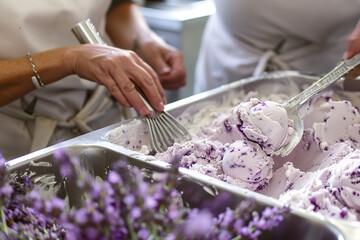 Obraz na płótnie Canvas Hand-churns artisanal lavender-infused ice cream, scent of blossoms in the air, sweet memories created in the summer.