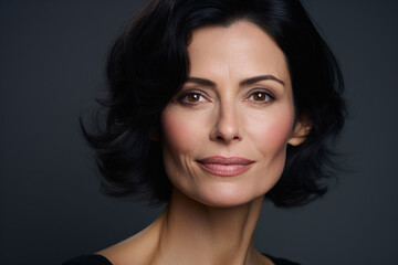 Fototapeta premium Beautiful middle aged woman with black hair in front of blue studio background