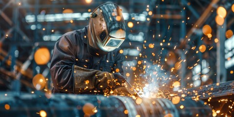 A welder in protective gear diligently works on a steel structure against a twilight sky.