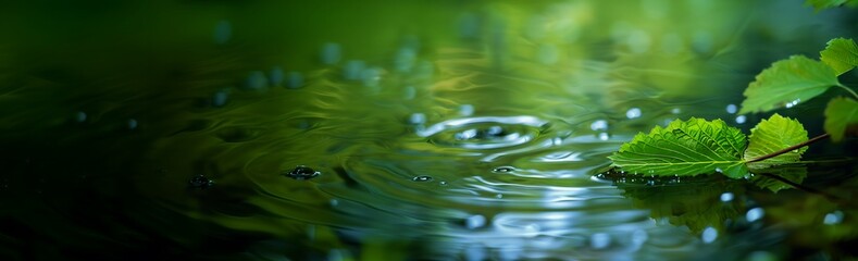 Naklejka na ściany i meble Raindrops Creating Ripples on a Serene Pond Surrounded by Fresh Greenery