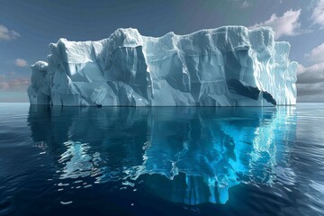 An icebergs tip and submerged section glisten in the sunlit North Sea.