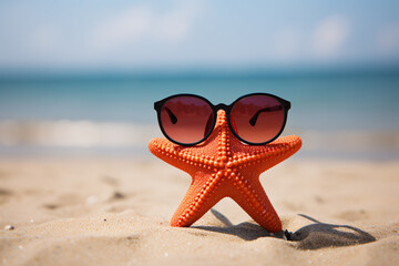 Funny starfish with sunglasses at sand beach