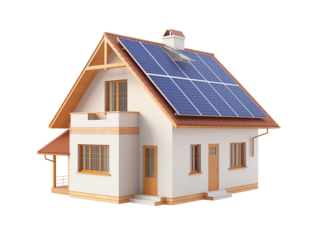 Modern house with solar panels in the roof isolated on transparent background.